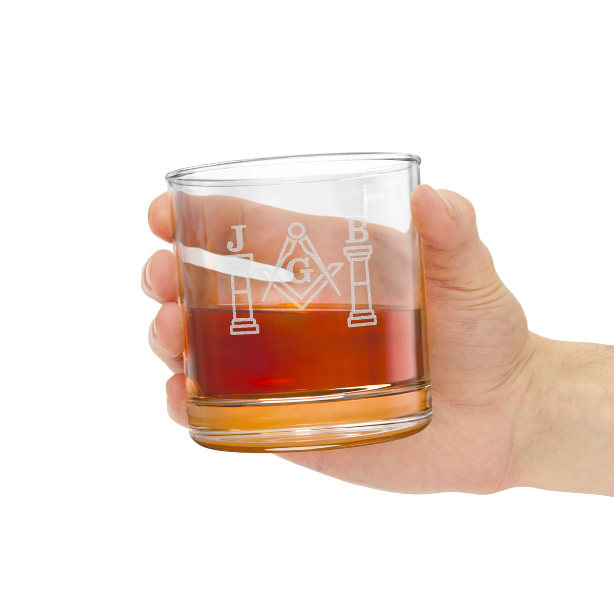 Master Mason Blue Lodge Whiskey Glass - Square & Compass G with J&B Pillars