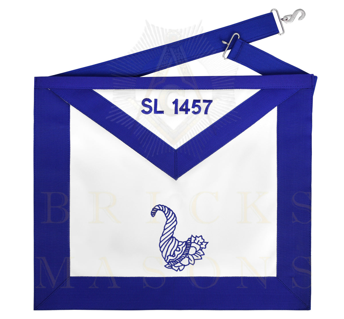Senior Steward Blue Lodge Officer Apron -Blue Ribbon With Machine Embroidery Customizable Flap - Bricks Masons