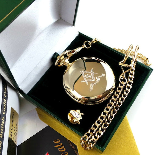 Master Mason Blue Lodge Pocket Watch - Personalised 24k Gold Clad Gift Case with Certificate - Bricks Masons