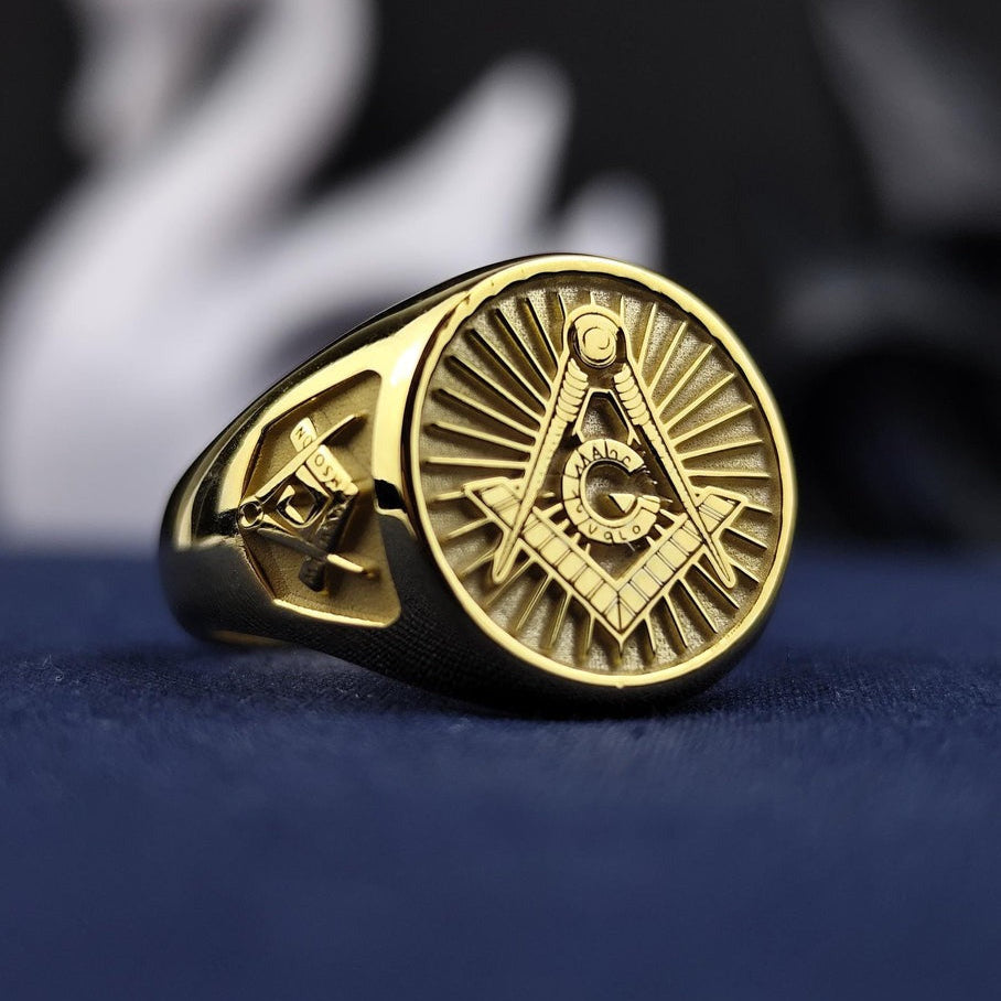 Master Mason Blue Lodge Ring - Gold Square & Compass G Personalized - Bricks Masons