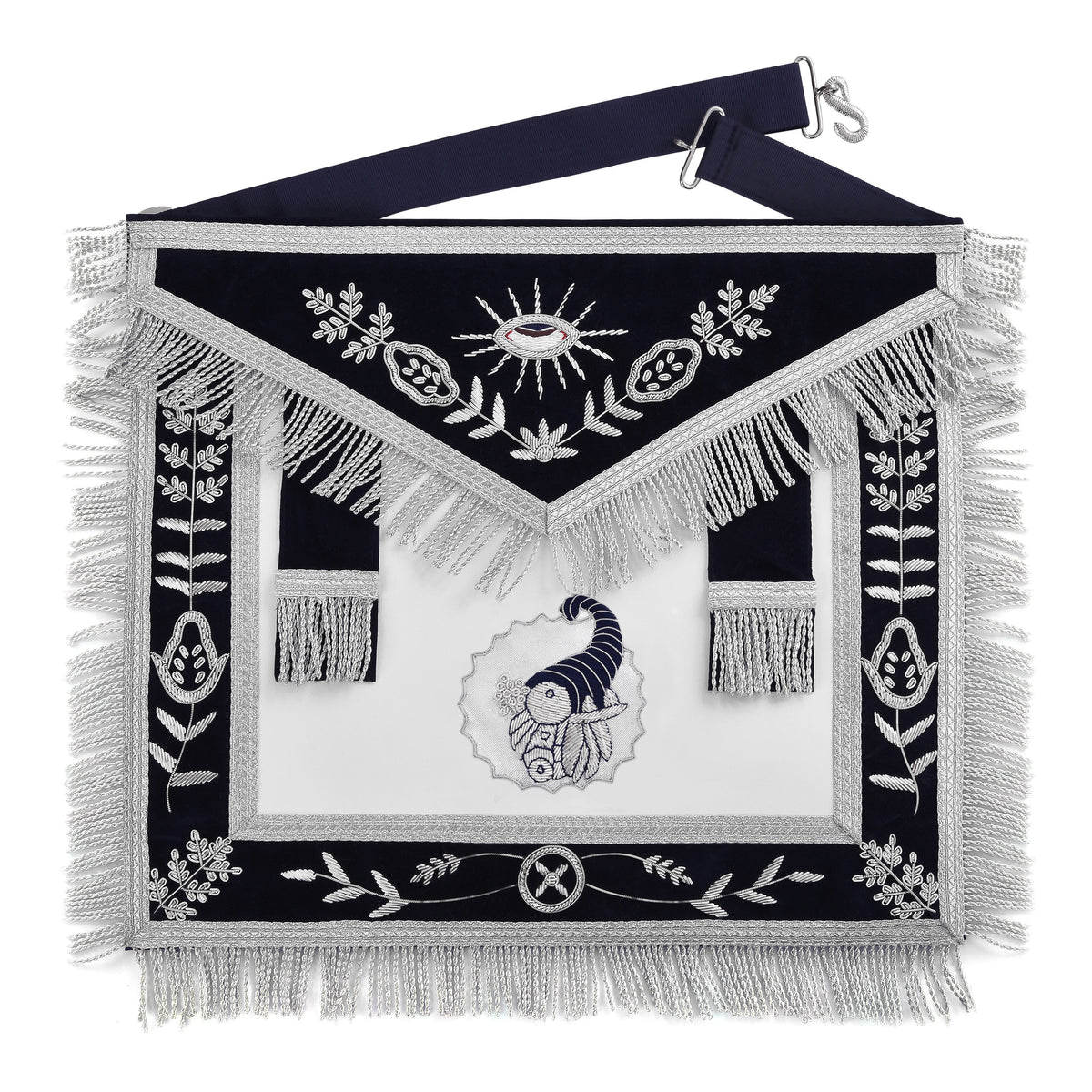 Junior Steward Blue Lodge Officer Apron - Dark Blue With Silver Hand Embroidery Bullion - Bricks Masons