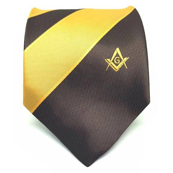 Master Mason Blue Lodge Necktie - Brown & Yellow with Square & Compass G - Bricks Masons