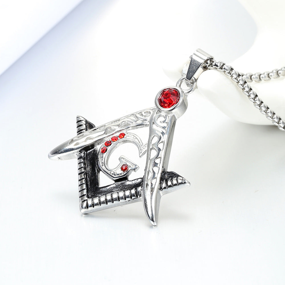 Master Mason Blue Lodge Pendant - Silver Stainless Steel Red Gemstone Square & Compass G - Bricks Masons