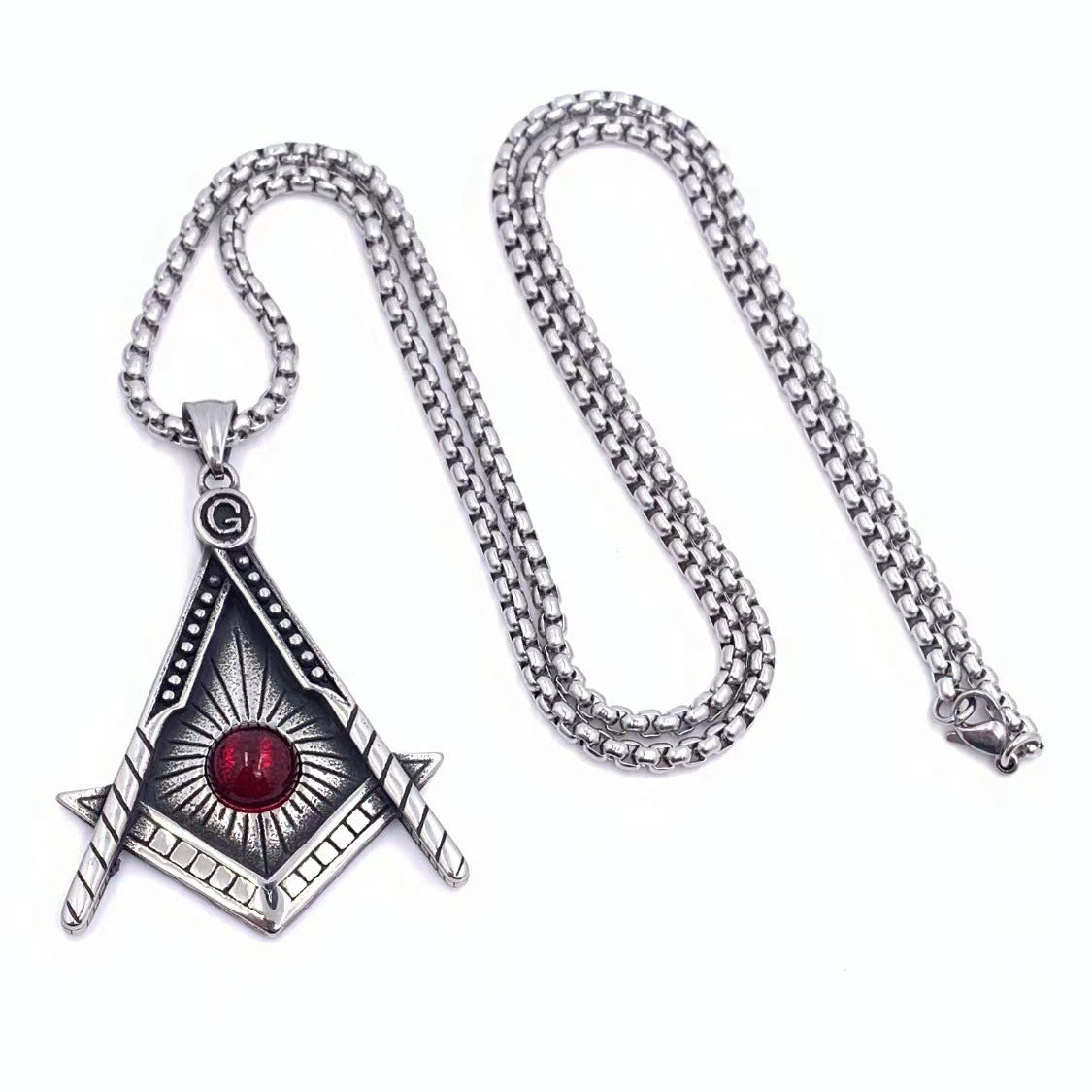 Master Mason Blue Lodge Pendant - Silver Titanium Steel Red Stone - Bricks Masons