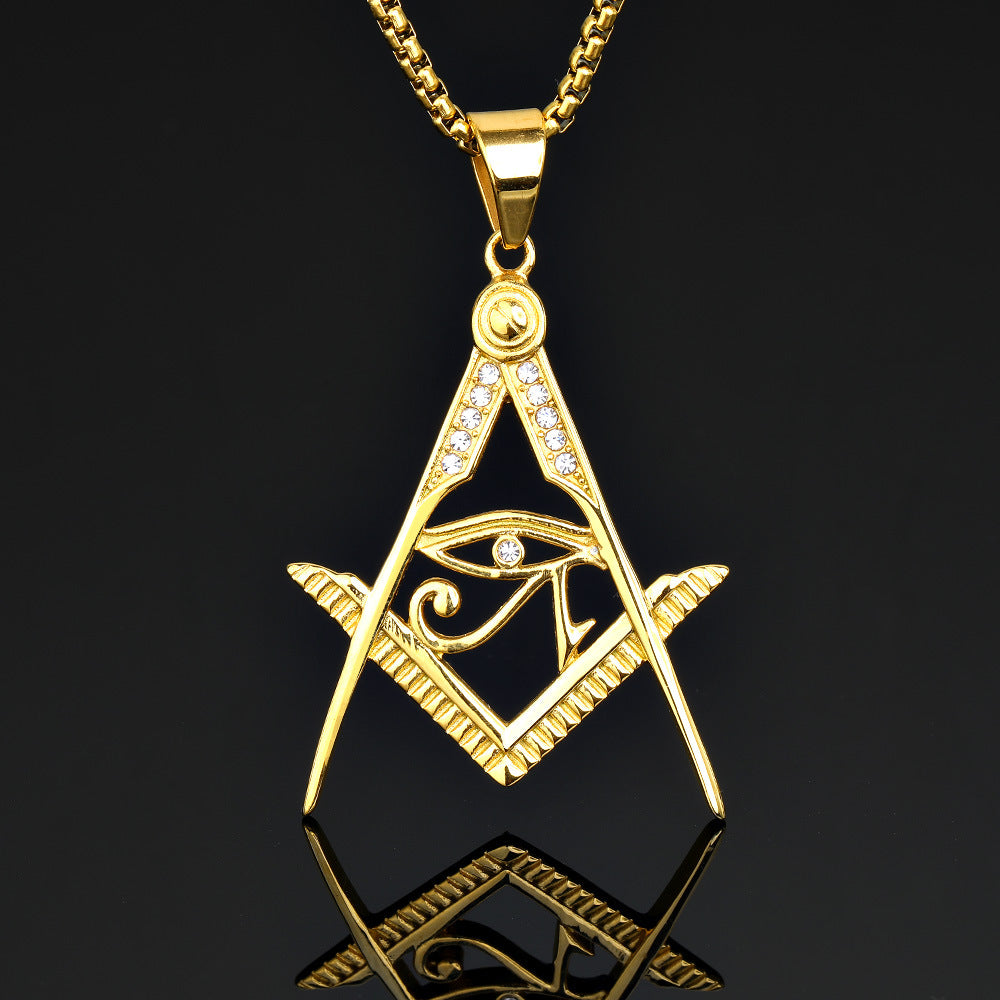 Master Mason Blue Lodge Pendant - Titanium Steel Gold Plated Square & Compass With Eye Of Horus - Bricks Masons