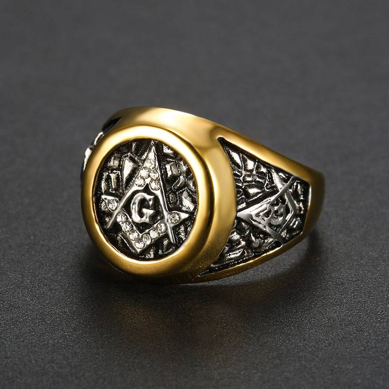 Master Mason Blue Lodge Ring - Square and Compass G Gold Crystal Plated - Bricks Masons
