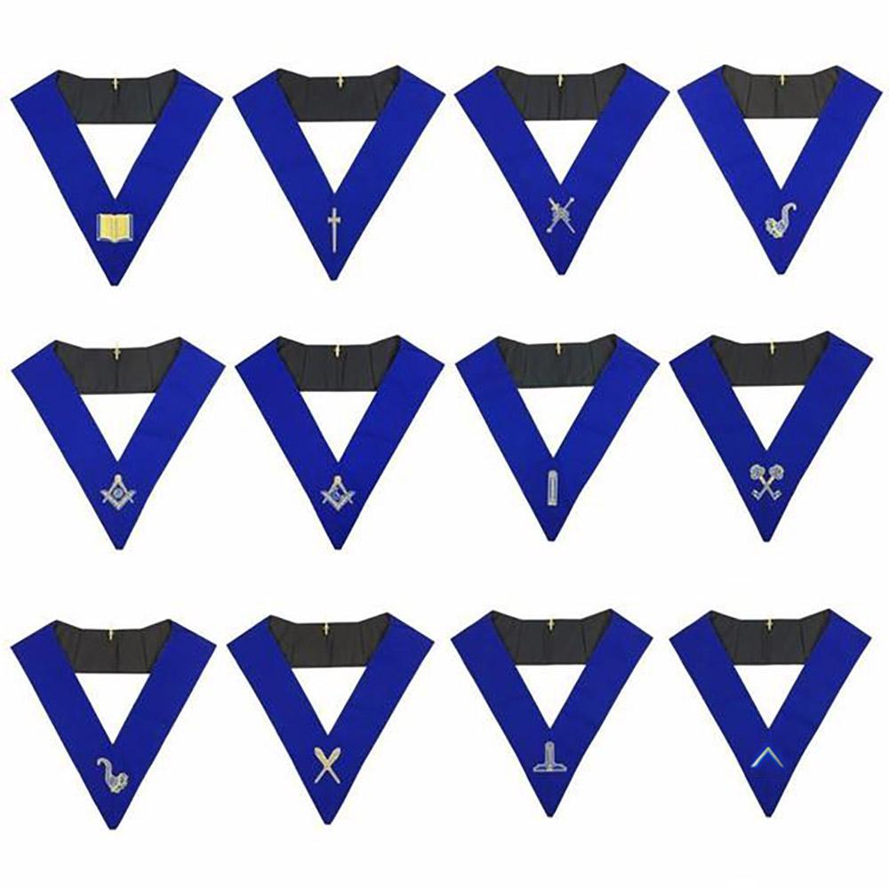 Officers Blue Lodge Officer Collar Set - Royal Blue Machine Embroidery - Bricks Masons