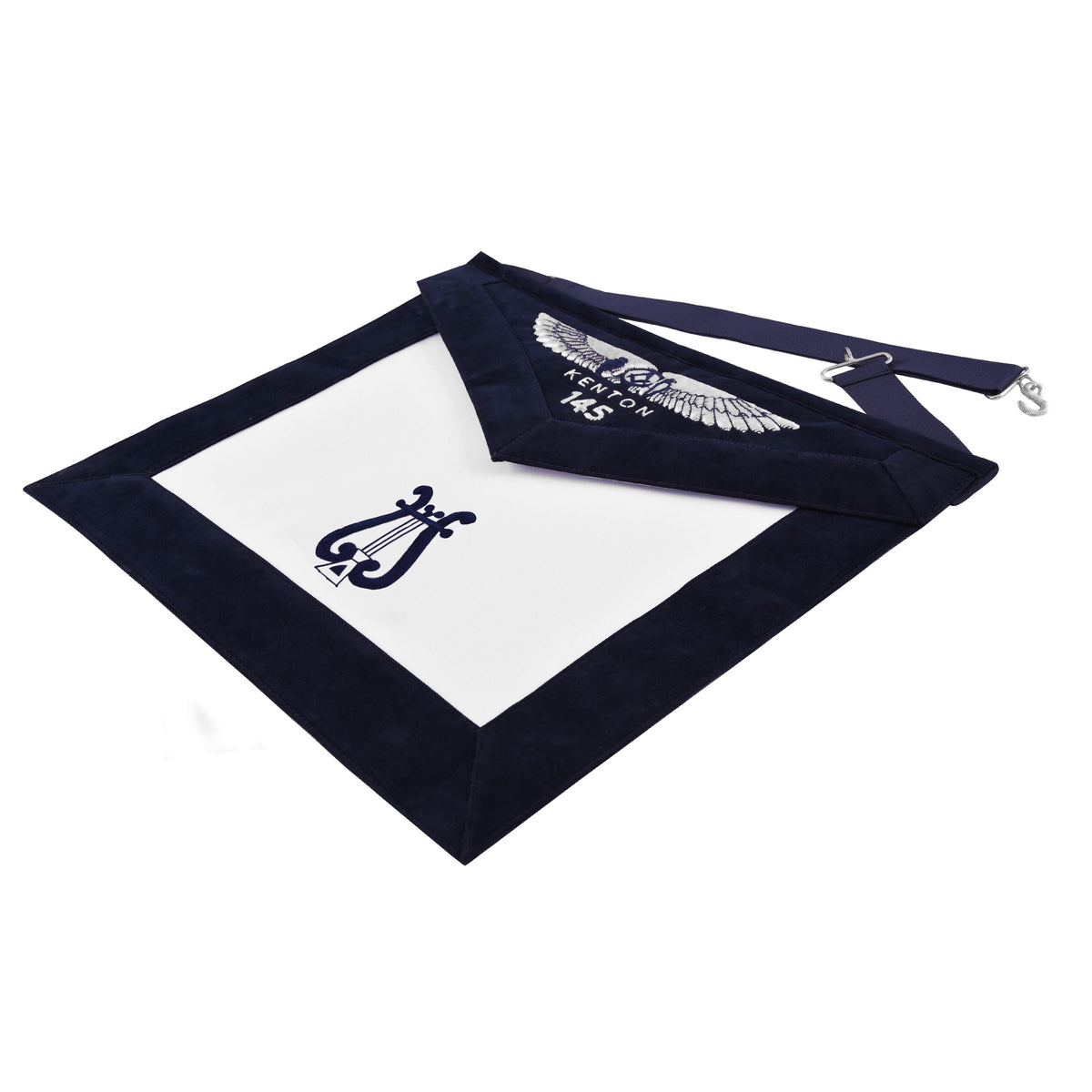 Organist Blue Lodge Officer Apron - Kenton Lodge Navy Velvet With Silver Embroidery Thread - Bricks Masons