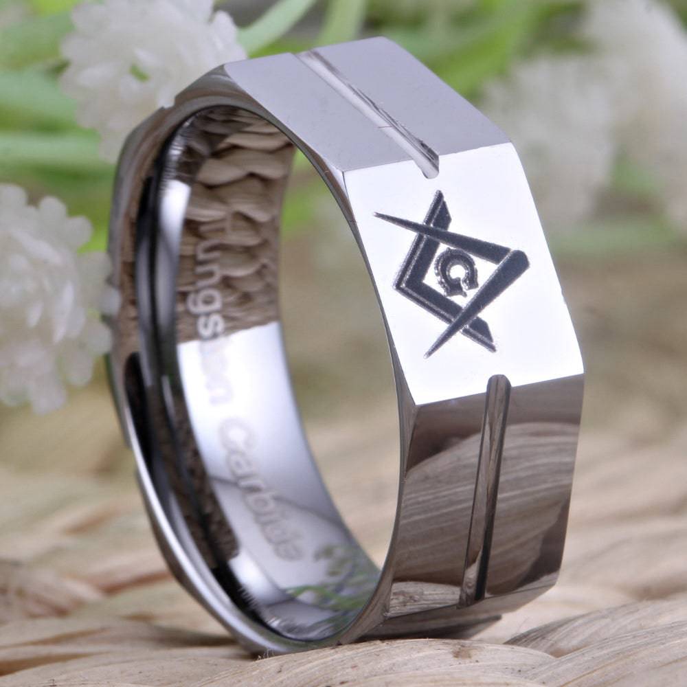 Master Mason Blue Lodge Ring - Tungsten Carbide Personalizable - Bricks Masons