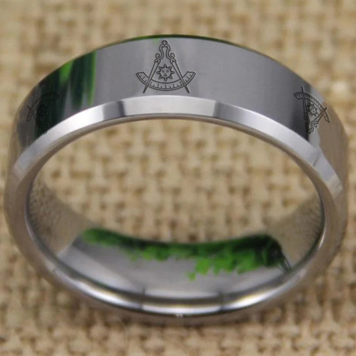Past Master Blue Lodge California Regulation Ring - Silver Bevel Tungsten - Bricks Masons