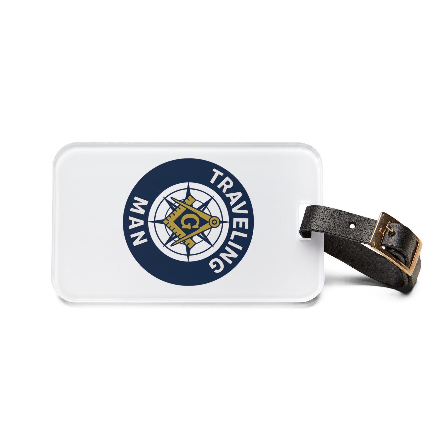 Master Mason Blue Lodge Luggage Tag - Traveling Man With Black Leather Strap - Bricks Masons