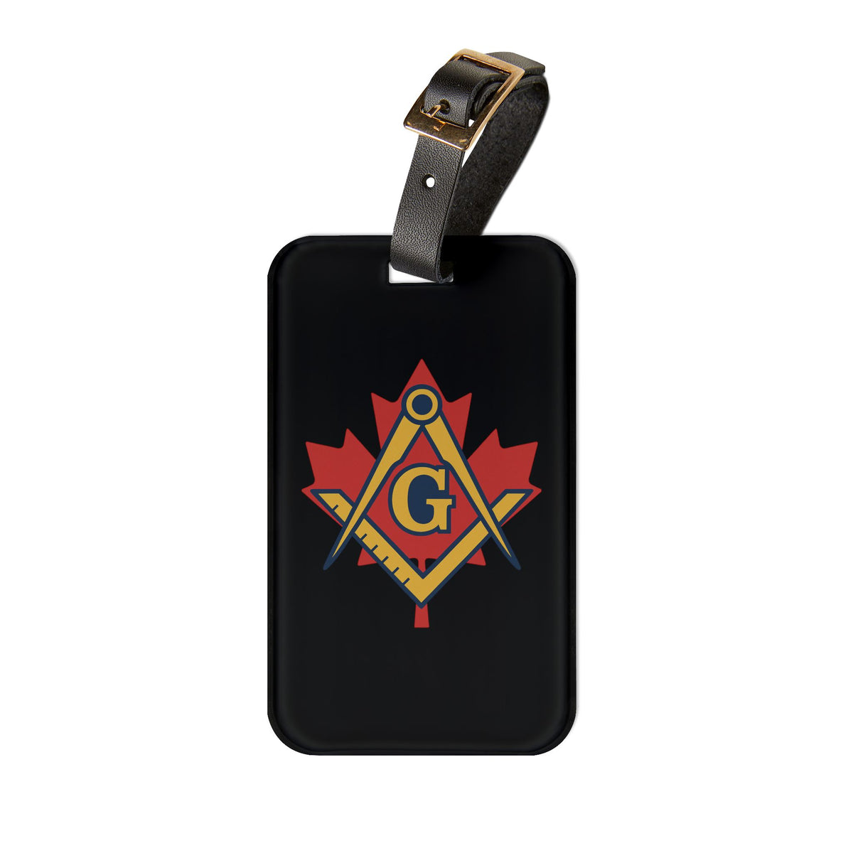 Master Mason Blue Lodge Canada Jurisdiction Luggage Tag - Maple Leaf Black Leather Strap - Bricks Masons