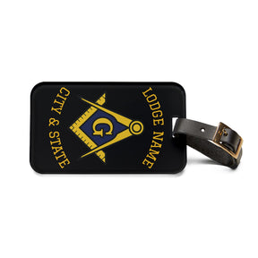 Master Mason Blue Lodge Luggage Tag - Personalizable Black S&C G With Black Leather Strap - Bricks Masons
