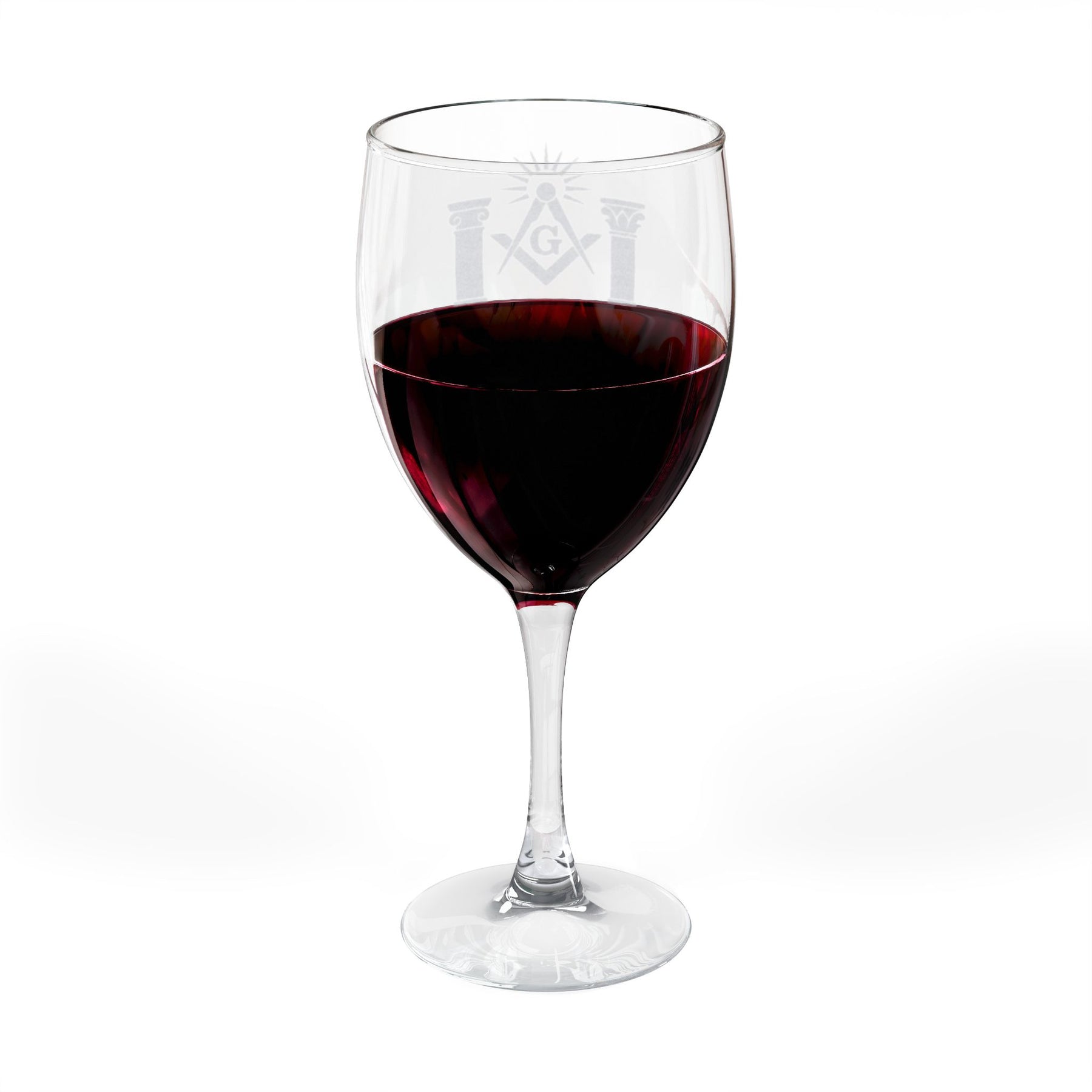 Master Mason Blue Lodge Wine Glass - Square & Compass G with Twin Pillars & Radiant Light