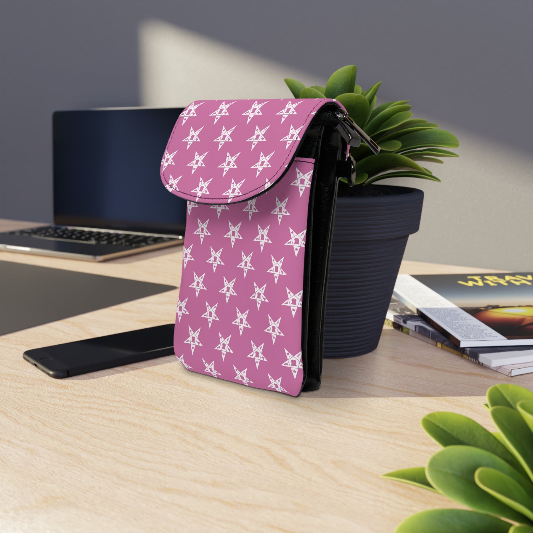 OES Cell Phone Wallet - Pink & White Stars Microfiber Leather - Bricks Masons