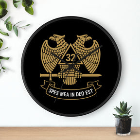 32nd Degree Scottish Rite Clock - Double Headed Eagle on Black Dial with Motto - Bricks Masons
