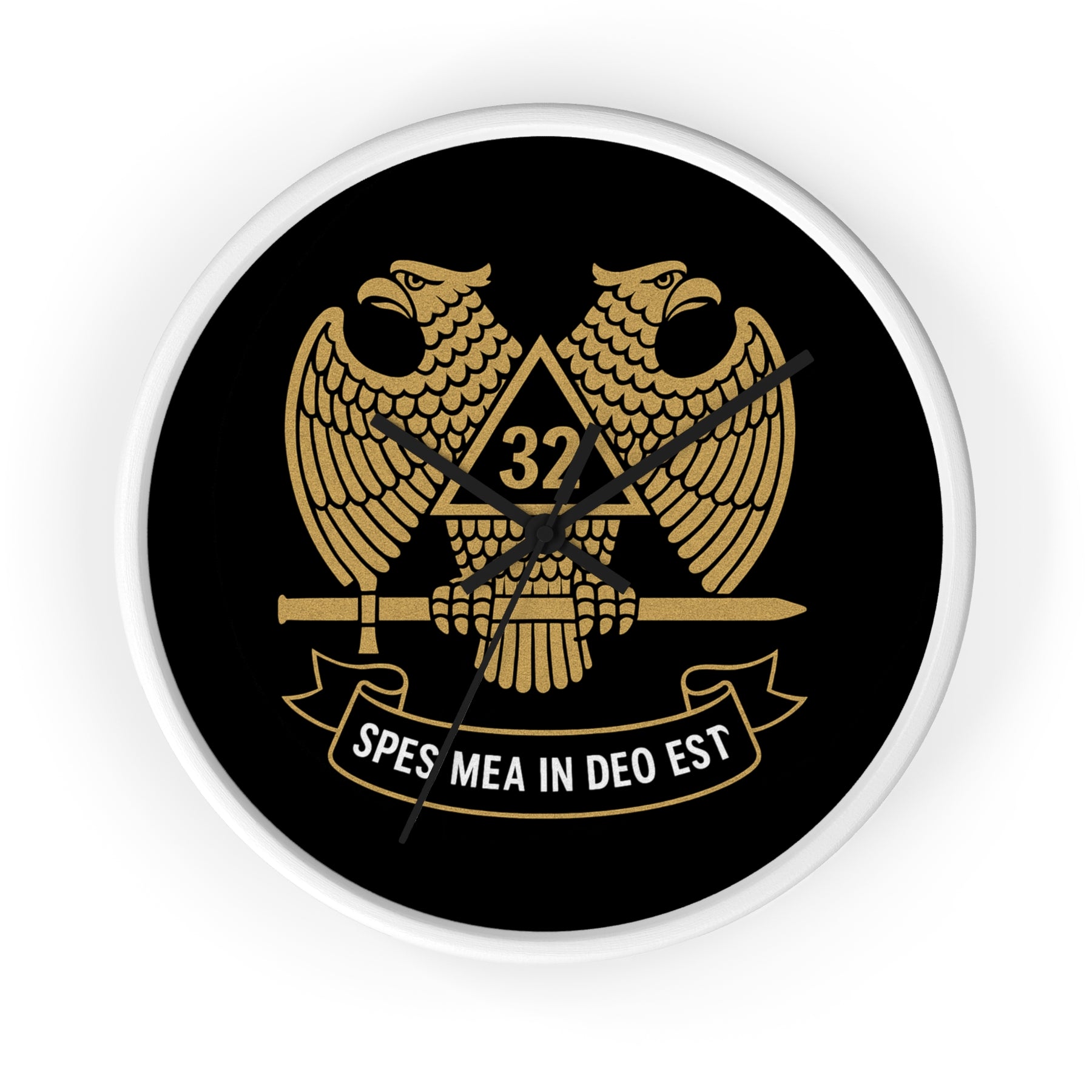 32nd Degree Scottish Rite Clock - Double Headed Eagle on Black Dial with Motto - Bricks Masons
