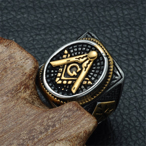 Master Mason Blue Lodge Ring - Square & Compass G Silver & Gold Stainless Steel - Bricks Masons