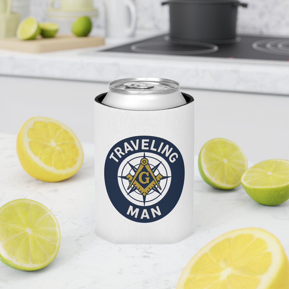 Master Mason Blue Lodge Can Cooler - S&C G Traveling Man - Bricks Masons