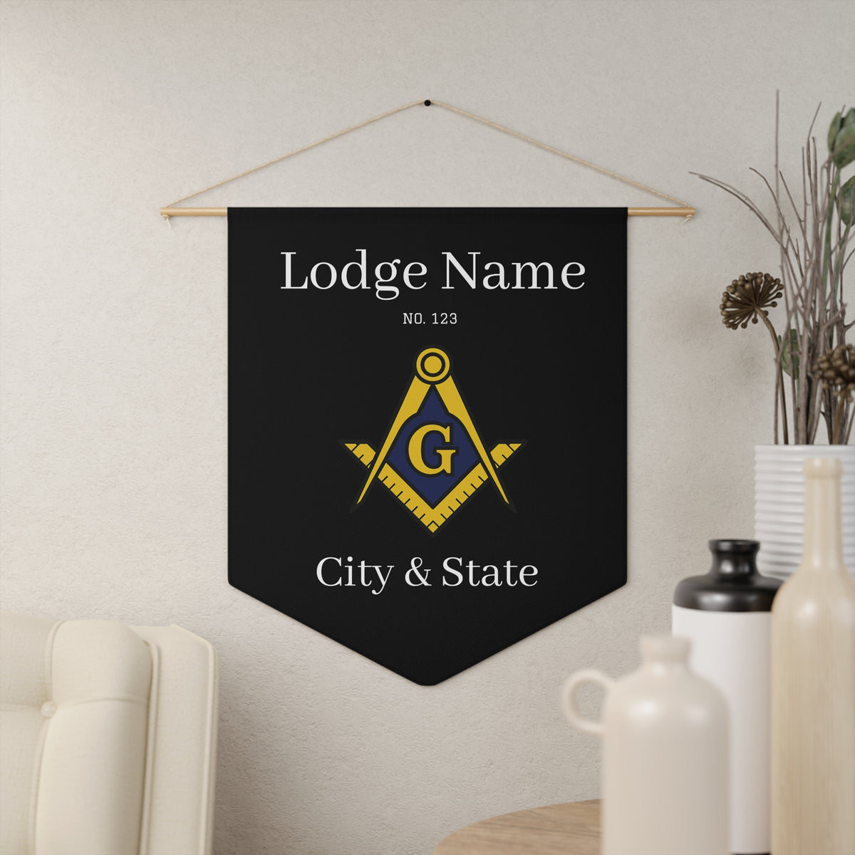 Master Mason Blue Lodge Pennant - Customized Gold Square & Compass with G - Bricks Masons