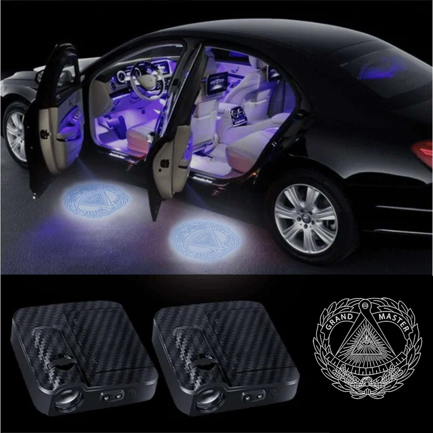 Grand Master Blue Lodge Car Door Light Projector - Customizable Wireless LED - Bricks Masons