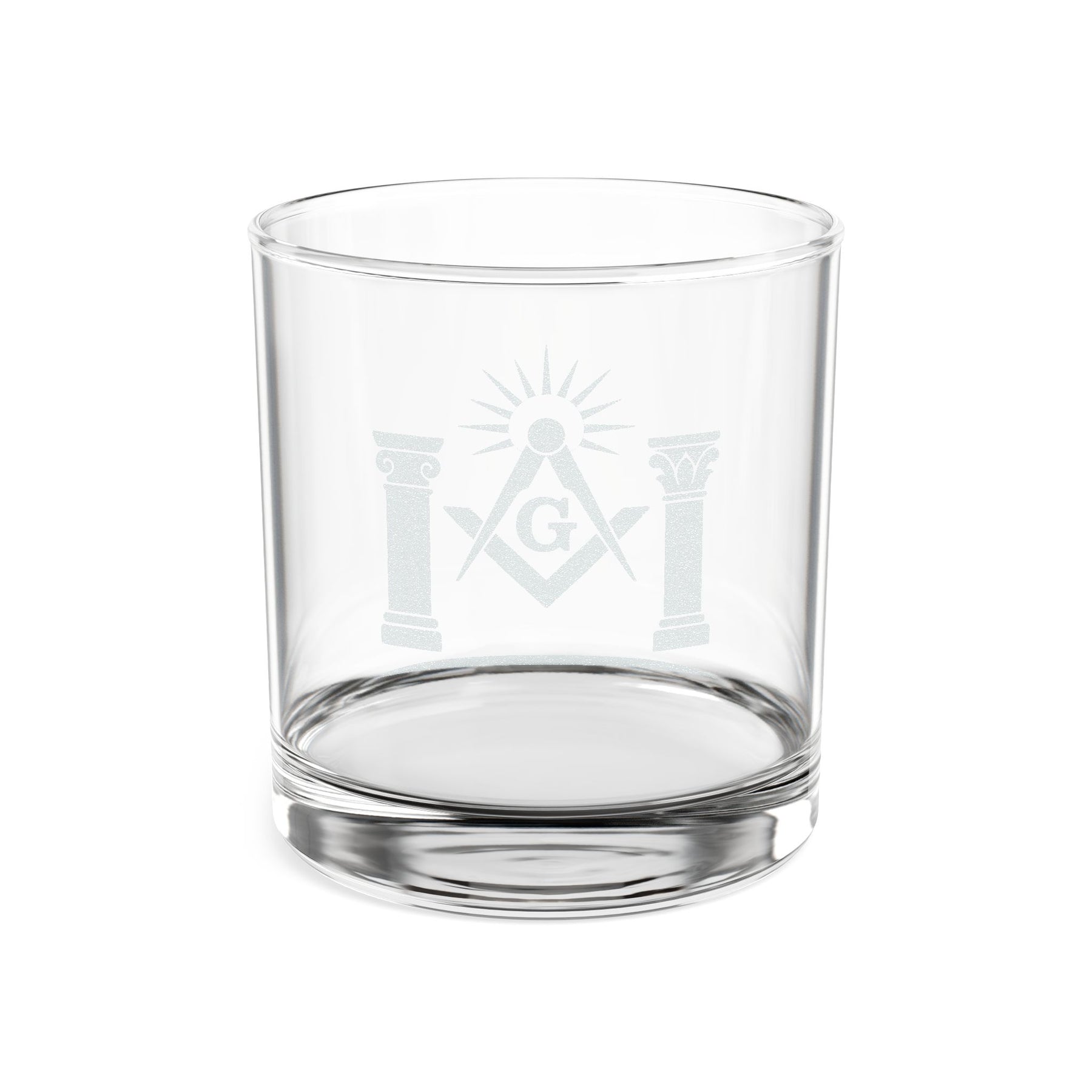 Master Mason Blue Lodge Whiskey Glass - Square & Compass G with Twin Pillars and Light