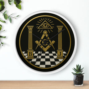 Master Mason Blue Lodge Clock - S&C with Pillars in Wooden Frame - Bricks Masons