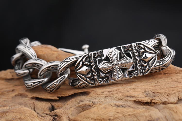 Knights Templar Commandery Bracelet - Silver Titanium Steel Cross - Bricks Masons