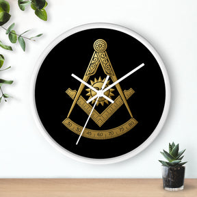 Past Master Blue Lodge Clock - Square Compass Sun & Quadrant Emblem on Wood Frame - Bricks Masons