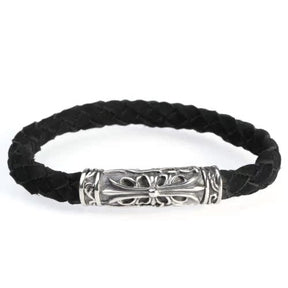 Knights Templar Commandery Bracelet - Silver & Black Leather Cross Bracelet With Magnetic Buckle - Bricks Masons