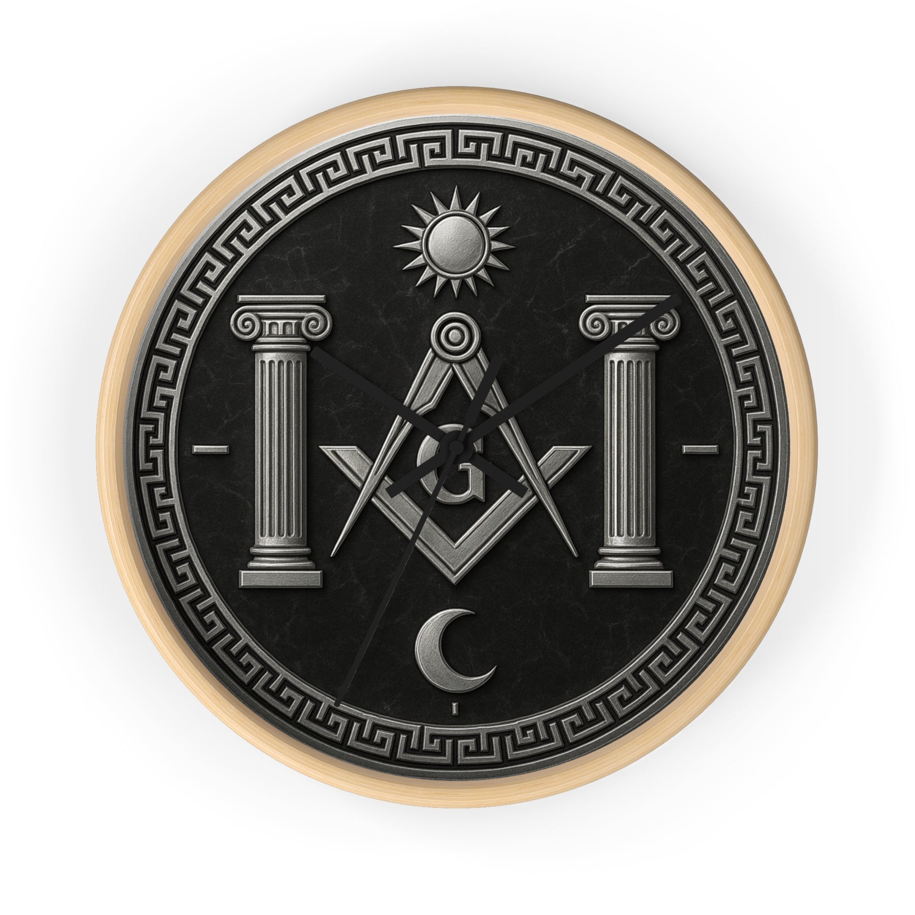 Master Mason Blue Lodge Clock - S&C with Pillars Sun & Moon on Wooden Frame - Bricks Masons