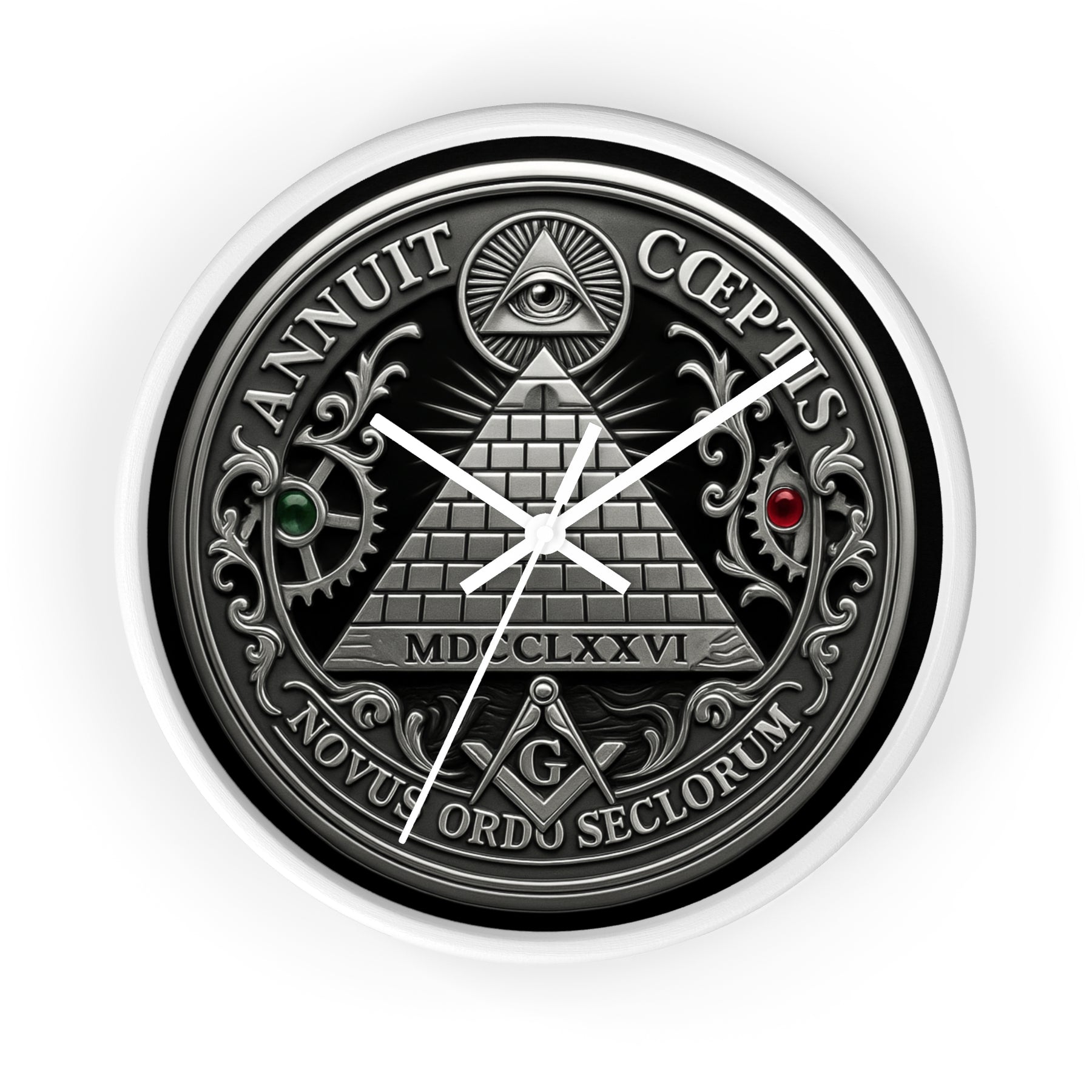 Master Mason Blue Lodge Clock - S&C with Pyramid & All Seeing Eye Latin Motto - Bricks Masons