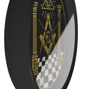 Master Mason Blue Lodge Clock - S&C with Pillars in Wooden Frame - Bricks Masons