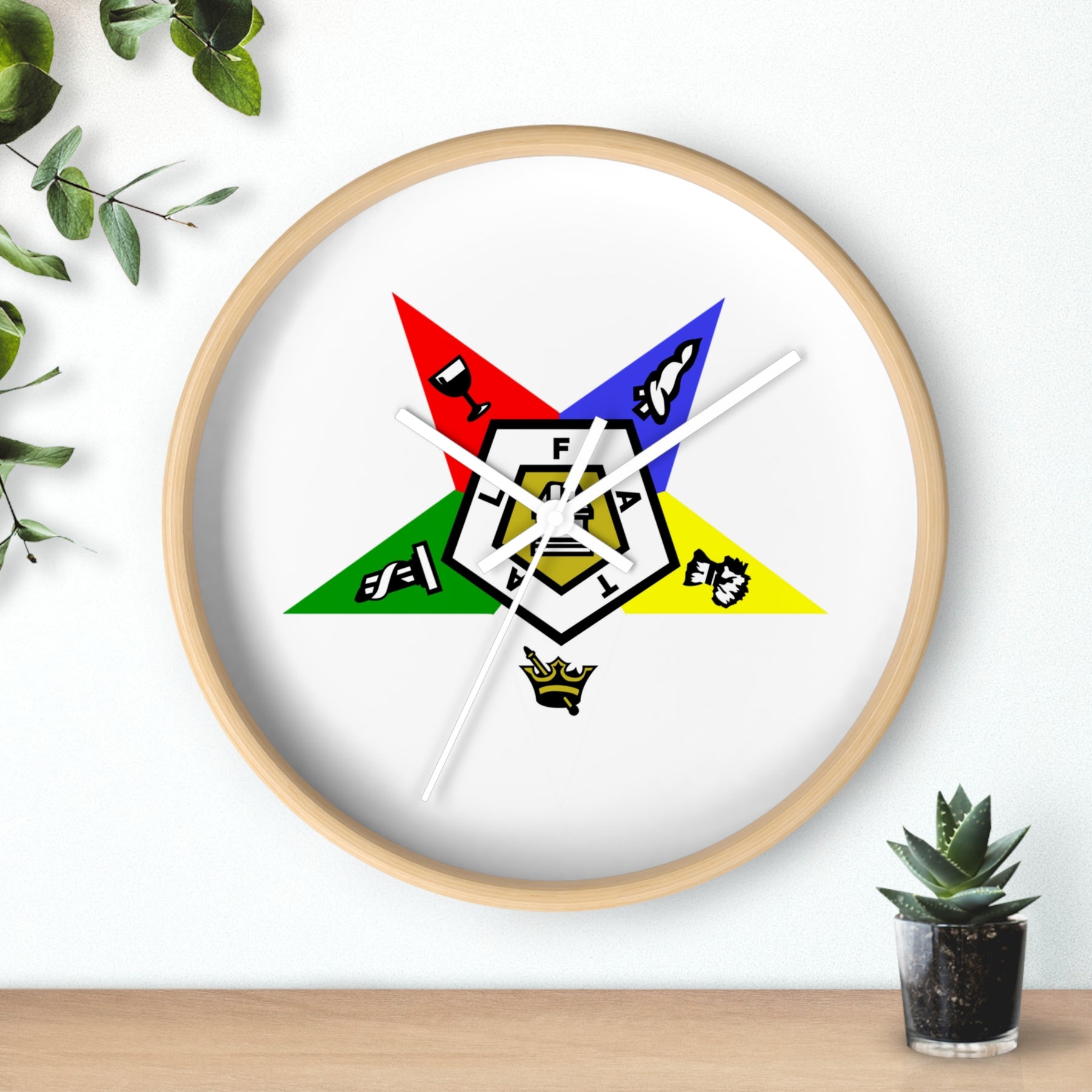 OES Clock - White Dial with Star Emblem in Wooden Frame - Bricks Masons