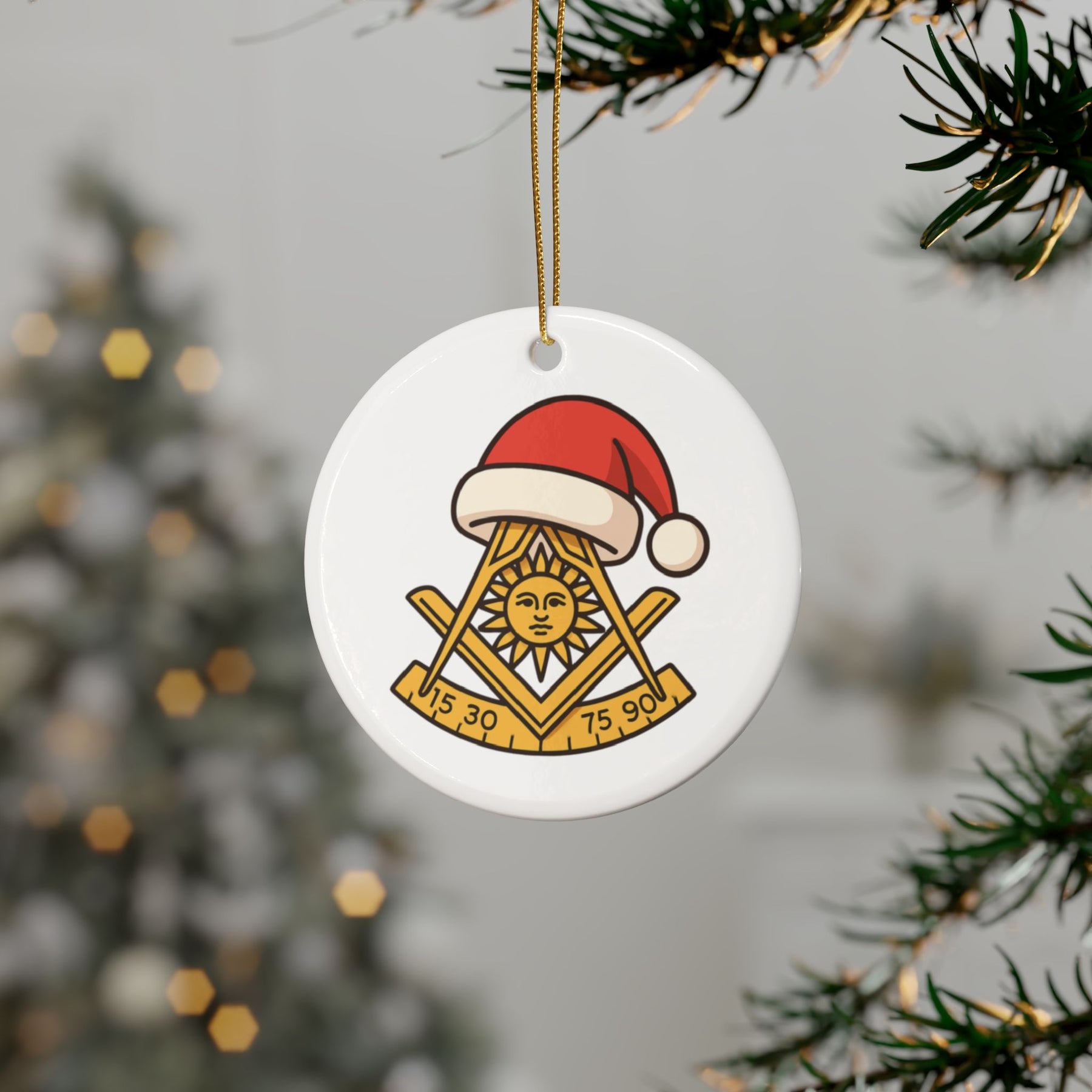 Past Master Blue Lodge Christmas Ornament - Gold Square & Compasses with Quadrant Sun - Bricks Masons