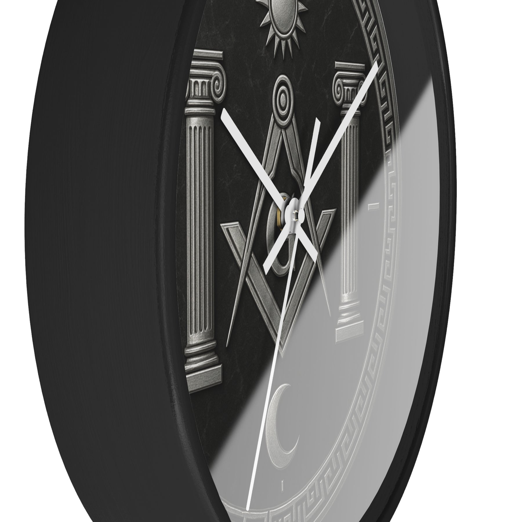 Master Mason Blue Lodge Clock - S&C with Pillars Sun & Moon on Wooden Frame - Bricks Masons