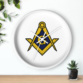 Master Mason Blue Lodge Clock - Wood Frame with Golden Square & Compass G - Bricks Masons