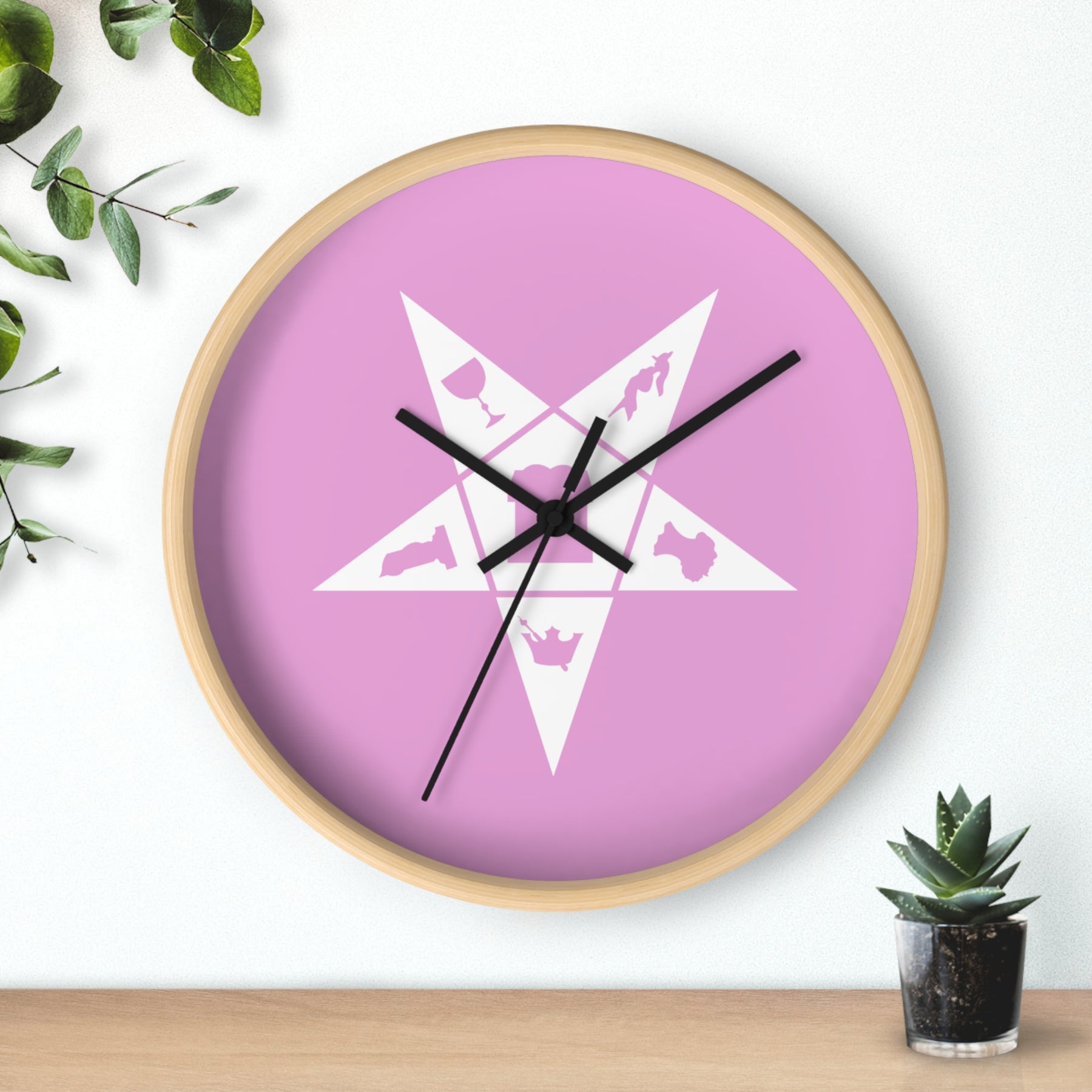 OES Clock - Wood Frame with White OES Emblem on Pink Dial - Bricks Masons