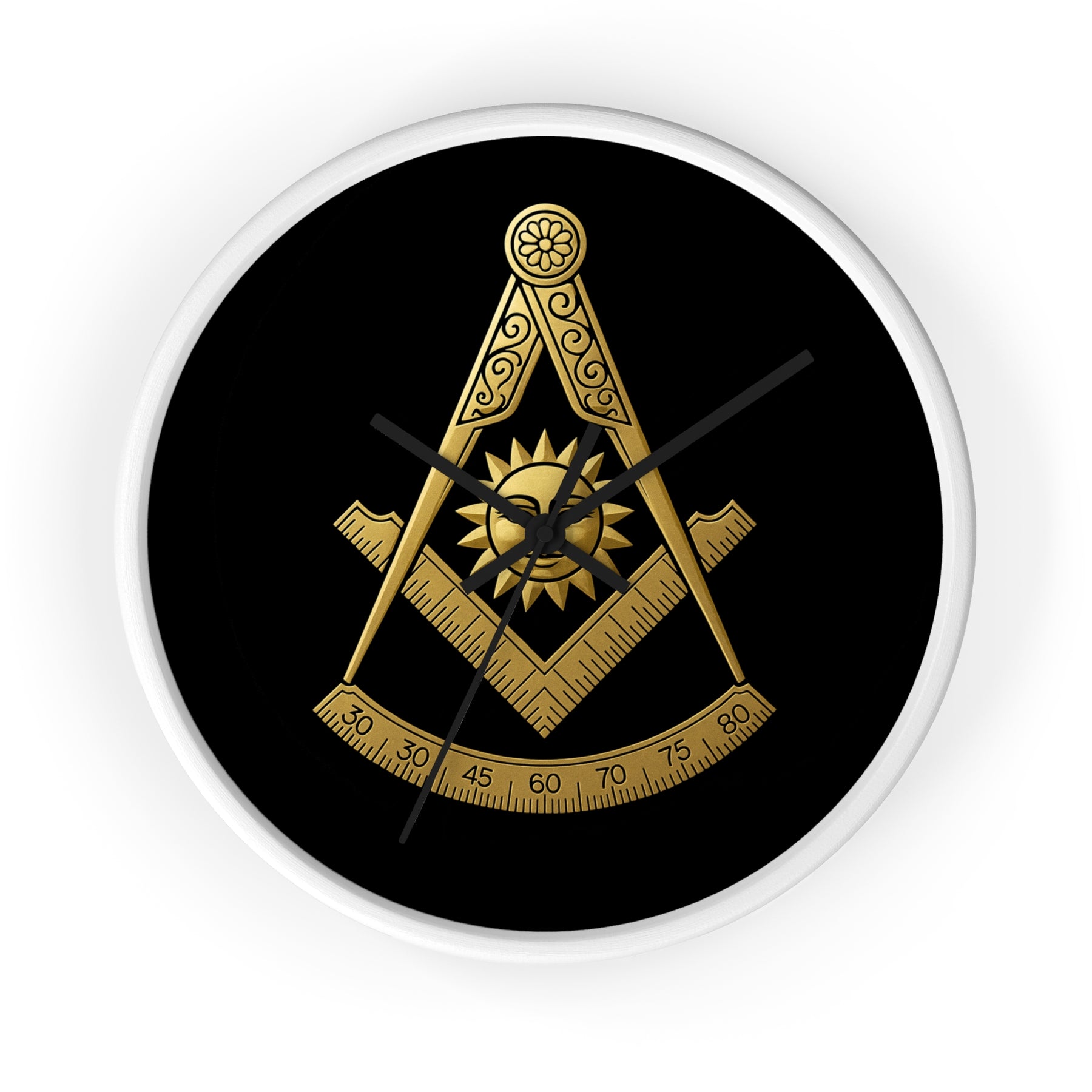 Past Master Blue Lodge Clock - Square Compass Sun & Quadrant Emblem on Wood Frame - Bricks Masons