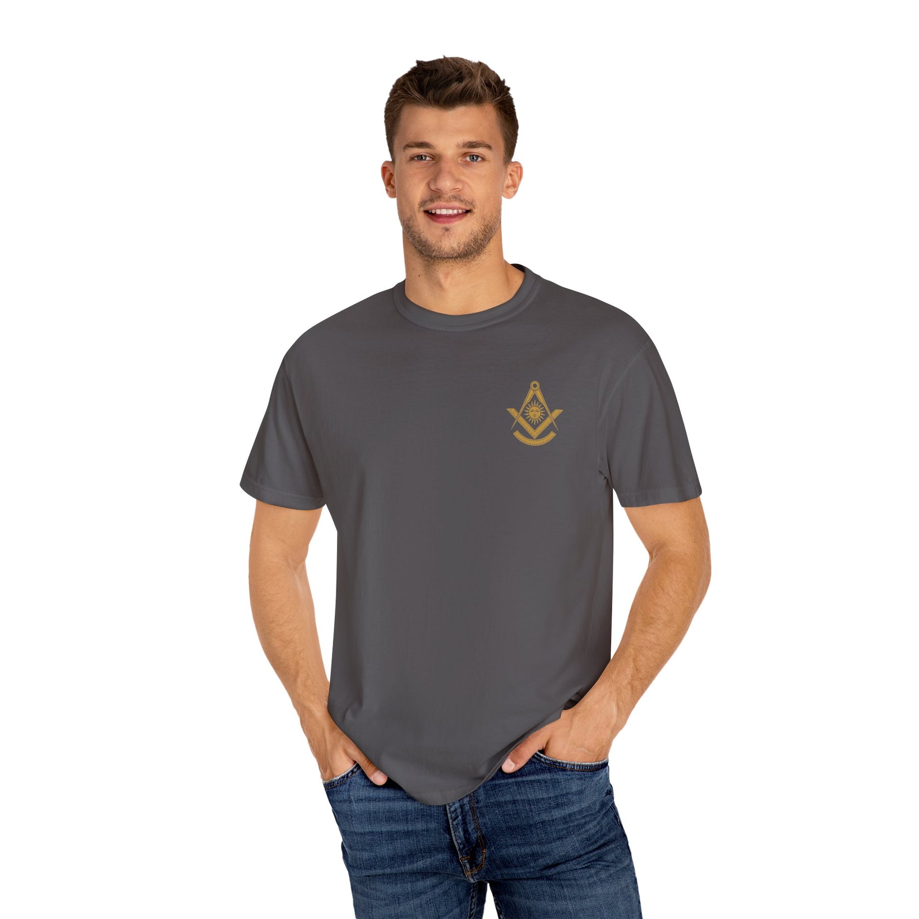 Past Master Blue Lodge T-Shirt - Garment-Dyed Square & Compass, Quadrant - Bricks Masons