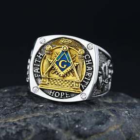 Master Mason Blue Lodge Ring - Sterling Silver Faith Hope and Charity with S&C G