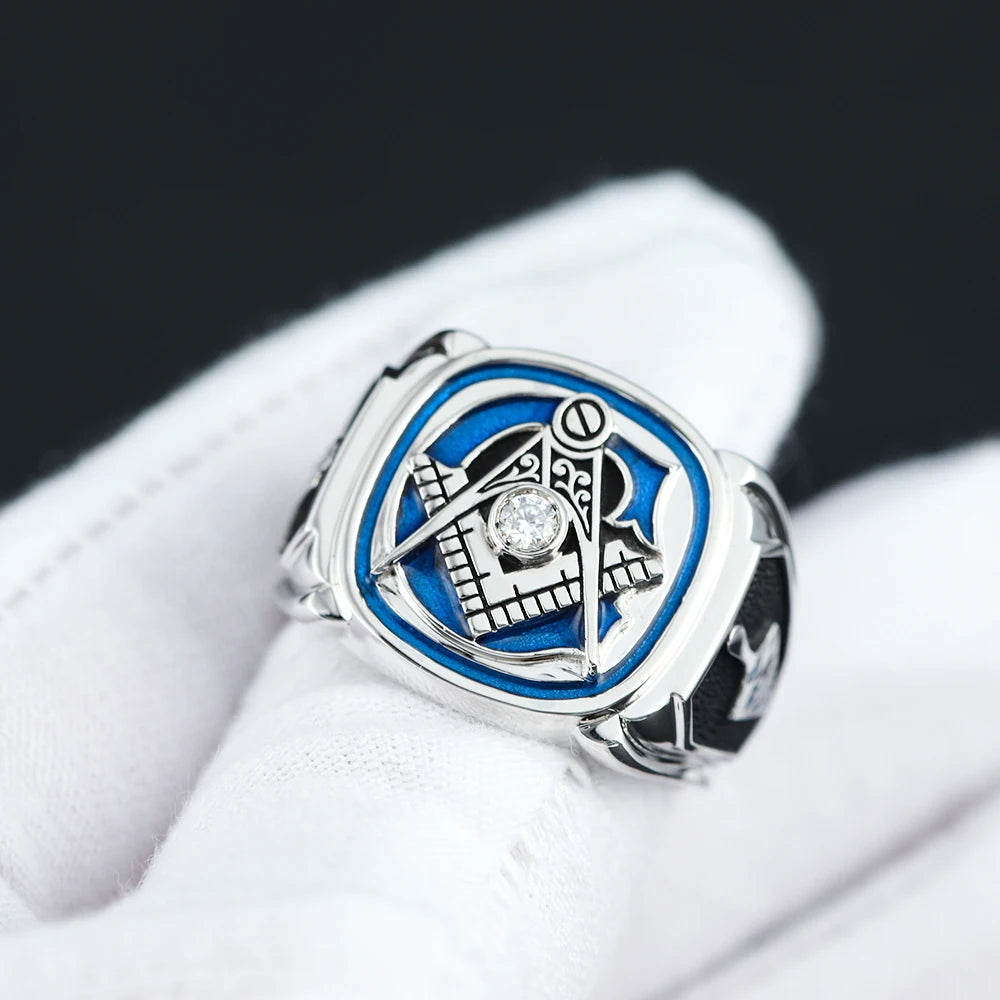 Master Mason Blue Lodge Ring - Sterling Silver S&C with Masonic Tools On The Sides