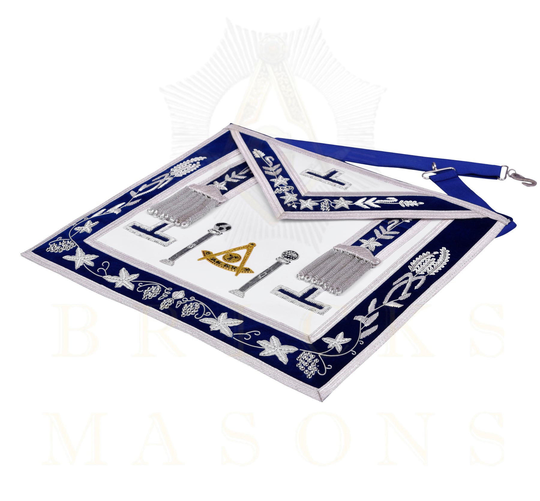 Past Master Blue Lodge Apron - Navy Velvet & Silver Bullion Hand Embroidery With Pillars
