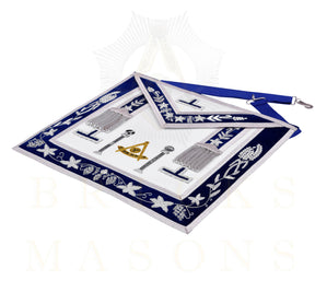 Past Master Blue Lodge Apron - Navy Velvet & Silver Bullion Hand Embroidery With Pillars