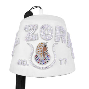 DOI PHA Fez Hat - Pure White Embroidery With Rhinestones (3 Rows as pictured)