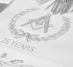 Master Mason Blue Lodge Apron - All White Bullion With Wreath Customizable Anniversary Year - Bricks Masons