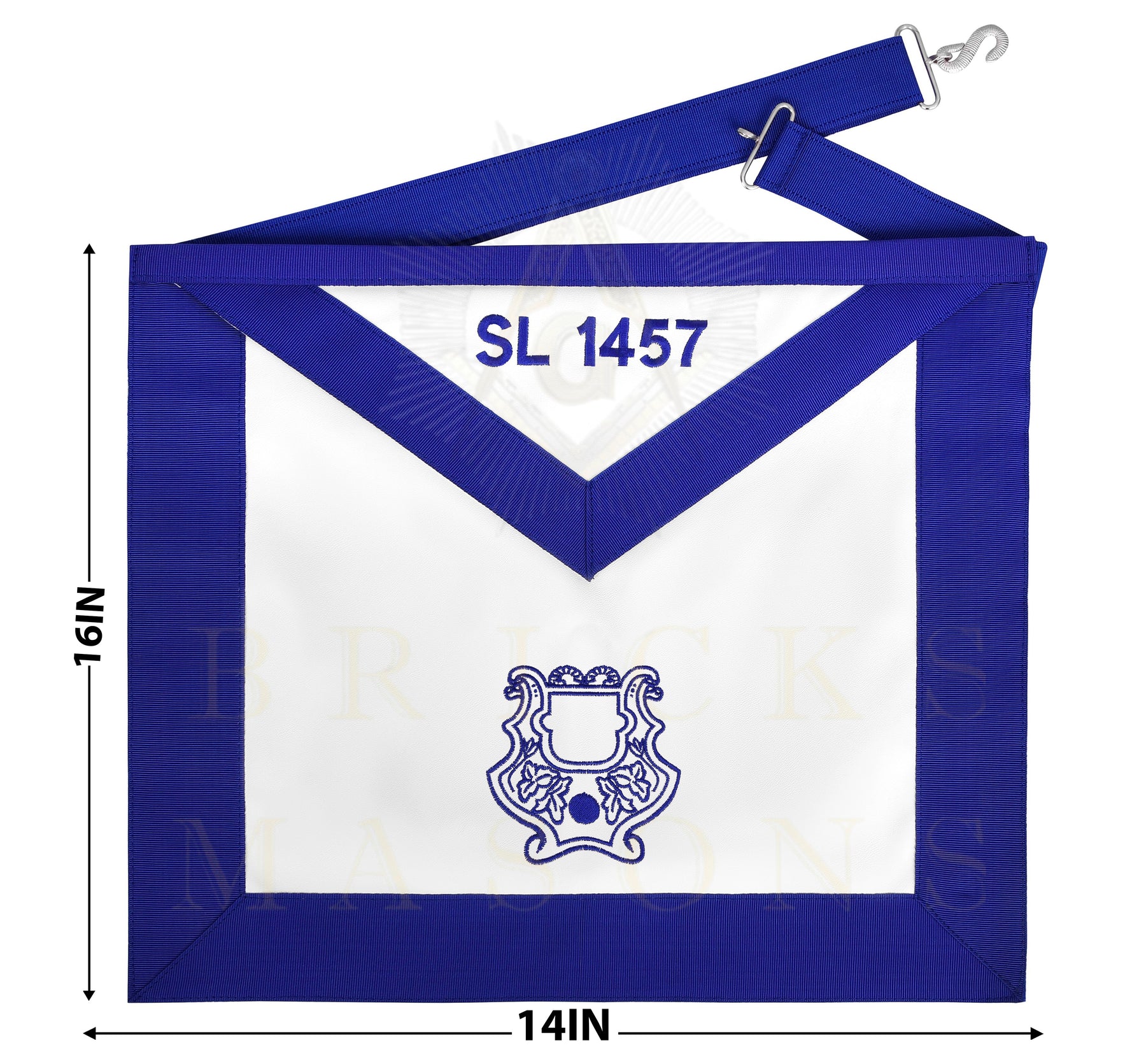 Organist Blue Lodge Officer Apron - Blue Ribbon With Machine Embroidery Customizable Flap - Bricks Masons