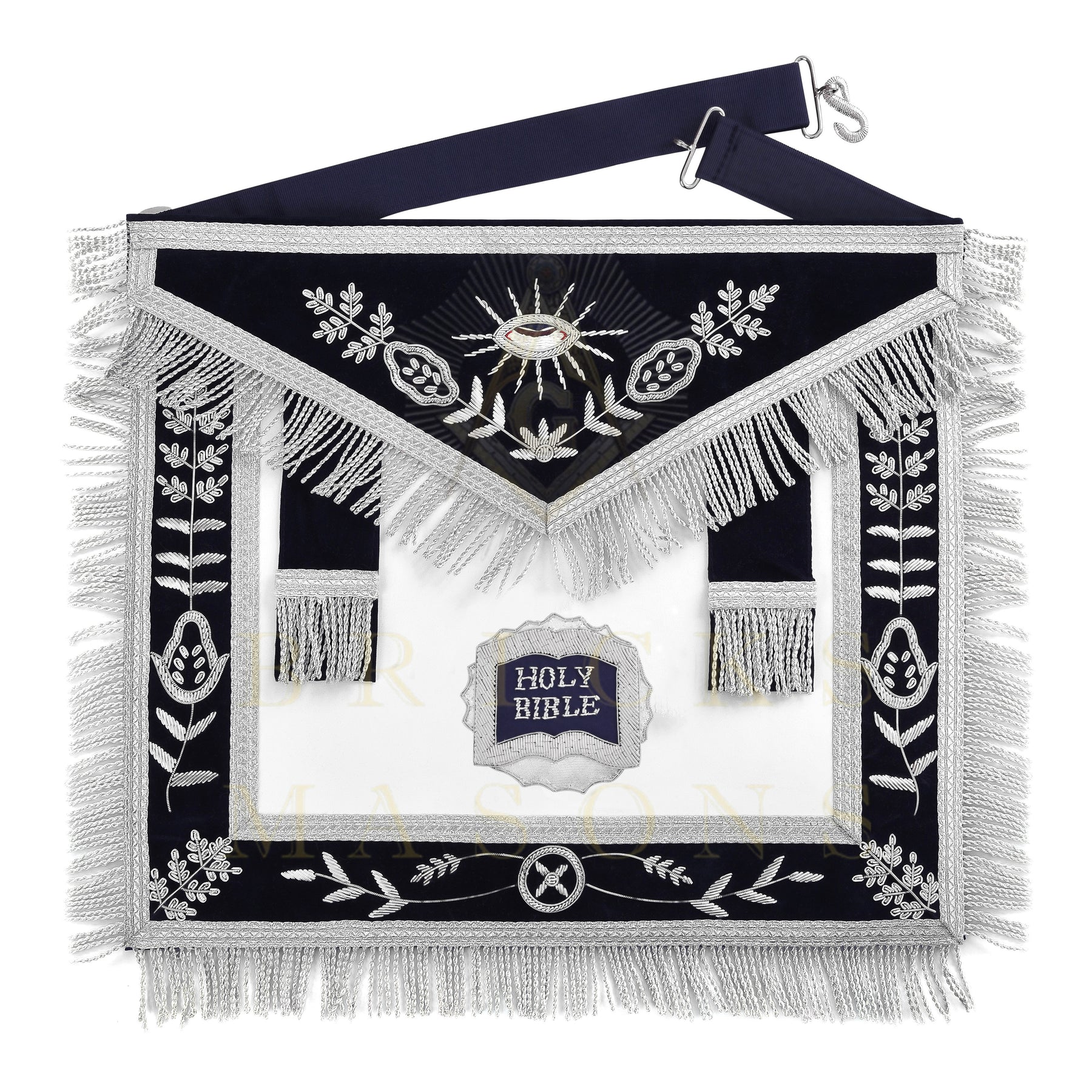 Chaplain Blue Lodge Officer Apron - Dark Blue With Silver Hand Embroidery Bullion - Bricks Masons