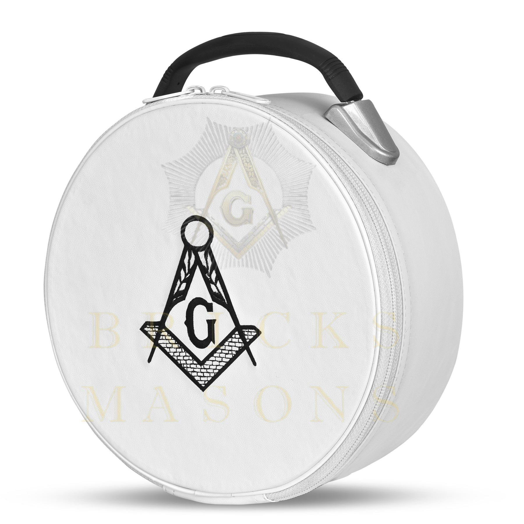 Master Mason Blue Lodge Crown Cap Case - White Imitation Leather With Hand Embroidery Bullion