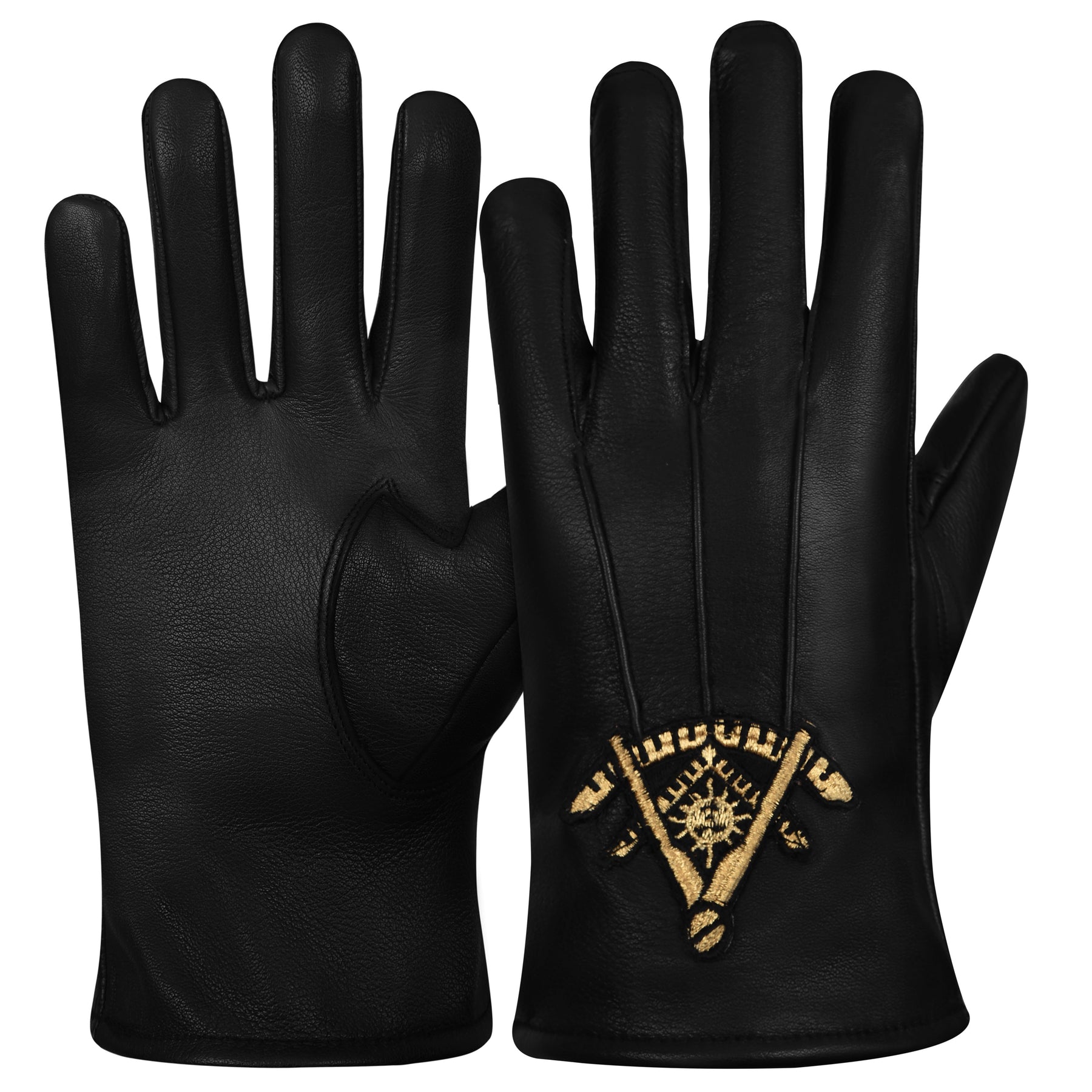 Past Master Blue Lodge Gloves - Black Leather With Gold Emblem - Bricks Masons